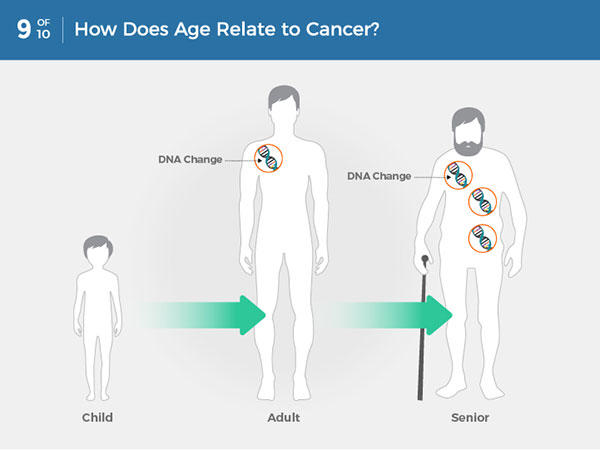 Tuổi tác liên quan đến ung thư như thế nào? Thông thường, những thay đổi di truyền gây ung thư tích tụ chậm khi một người già đi, dẫn đến nguy cơ ung thư cao hơn sau này trong cuộc sống.