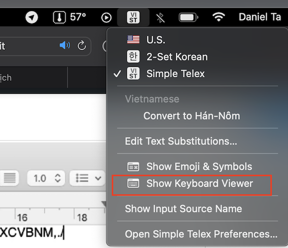 Đi đến menu ở biểu tượng ngôn ngữ ở thanh menu trên cùng và chọn Show Keyboard Viewer.