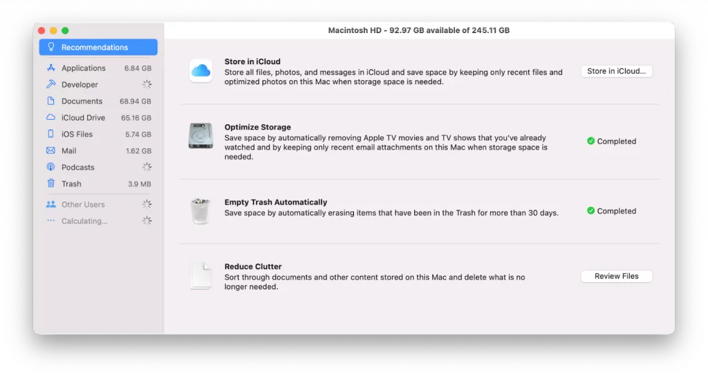 Chọn Recommendations và bạn sẽ thấy danh sách những điều Apple khuyên bạn nên làm để giải phóng dung lượng lưu trữ.