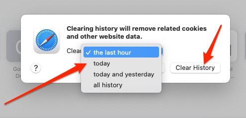 Bước 3: Khi cửa sổ bật lên xuất hiện, hãy mở rộng menu thả xuống và chọn khoảng thời gian bạn muốn xóa lịch sử của mình. Sau đó, nhấn vào Clear History.
