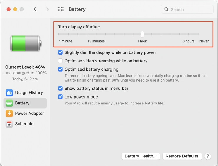 Kéo thanh Turn display off after trượt đến thời gian bạn muốn. Trên MacBook, bạn cần thực hiện hiệu chỉnh này cho lúc không cắm sạc Battery và lúc cắm sạc Power Adapter.