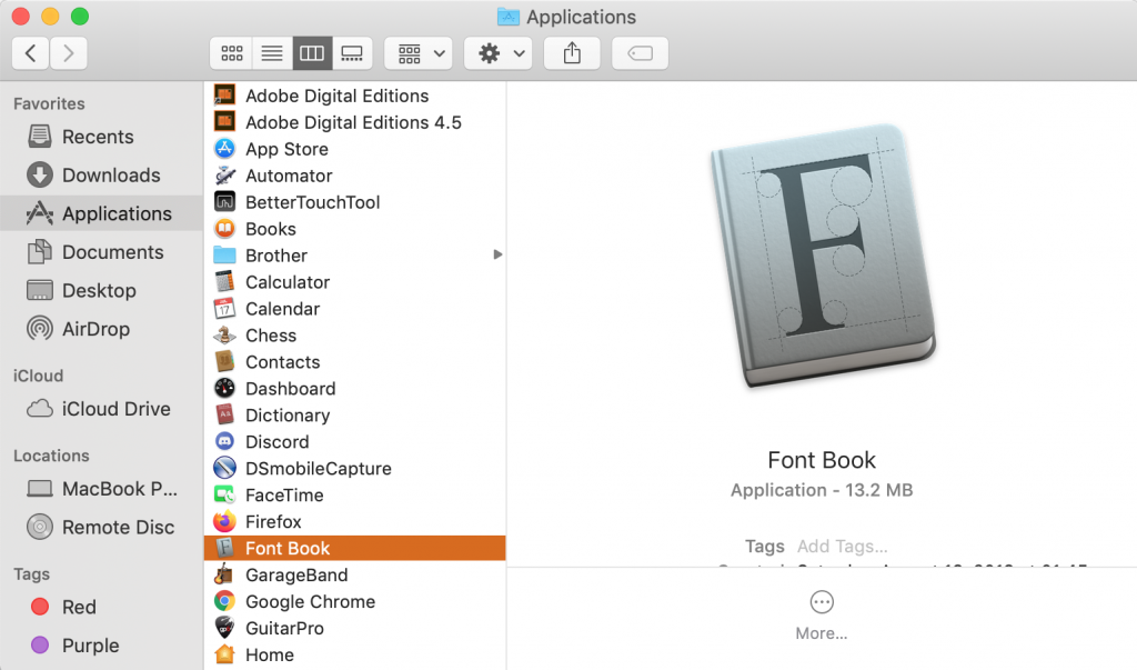Vào Finder → Applications → Font Book hay sử dụng Spotlight tìm và khởi chạy Font Book.