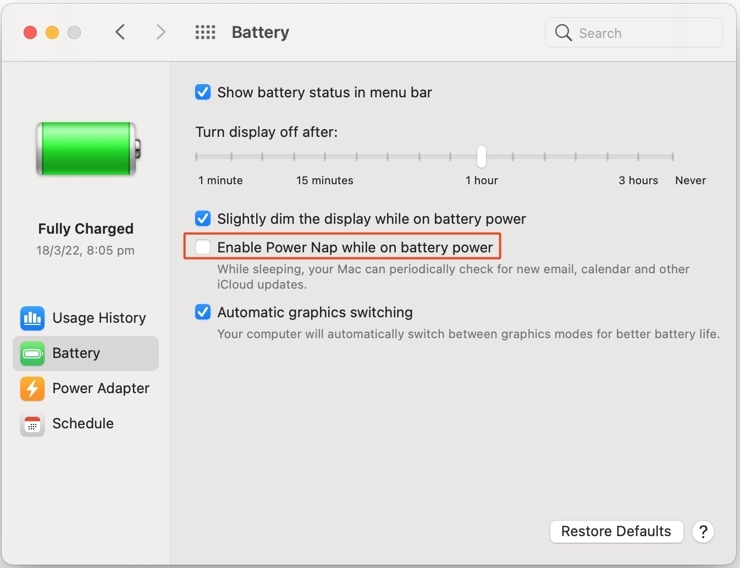 enable hoặc bỏ chọn Power Nap trên MacOS