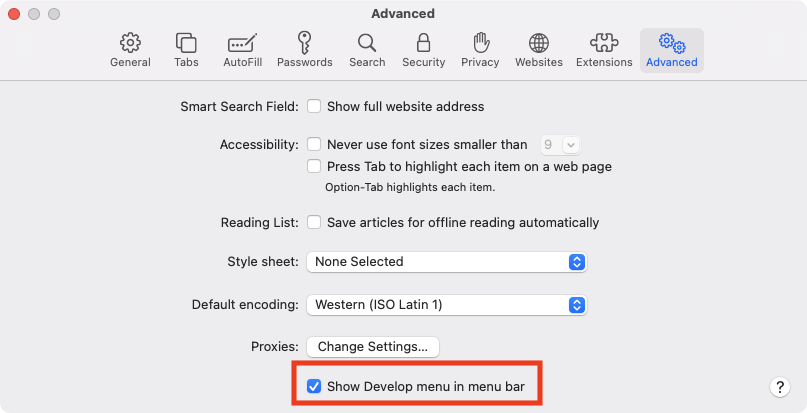 Bước 3: Tick chọn vào ô Show Develop menu in menu bar. Sau đó tắt tab preferences đi.