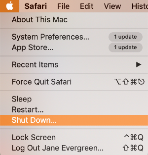 Tắt máy Mac bằng cách chọn tùy chọn Shut Down từ menu Apple.