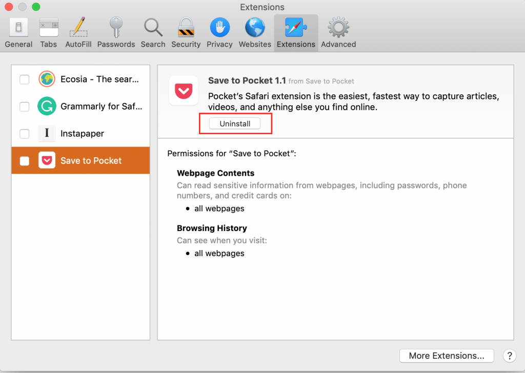 Xoá tiện ích mở rộng Safari trên macOS 10.14 trở xuống