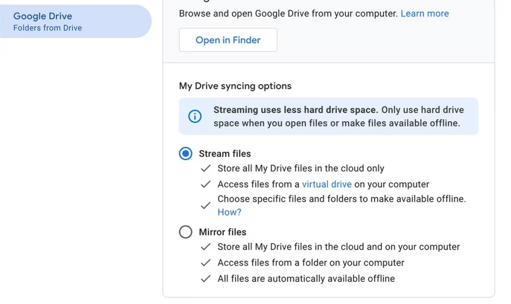lựa chọn phương pháp đồng bộ Google Drive for Desktop trên máy Mac